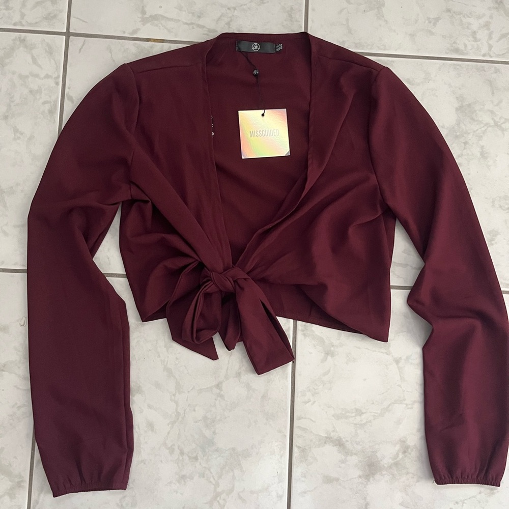 Missguided burgundy plum Long Sleeve Tie Front Crop Blouse